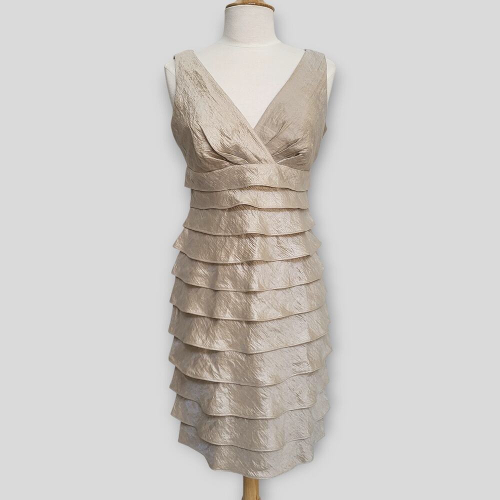 Party Cocktail Dress Dressbarn Women Size Medium Taupe Gold Shimmer Ruffle Glam